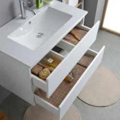 80 cm Badmöbel-Set aus Waschtisch, Unterschrank und Spiegel, Holzoptik weiß | Bilbao
