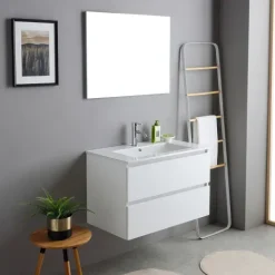 80 cm Badmöbel-Set aus Waschtisch, Unterschrank und Spiegel, Holzoptik weiß | Bilbao
