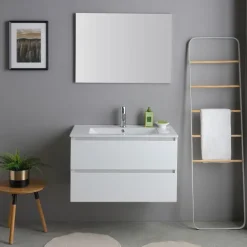 80 cm Badmöbel-Set aus Waschtisch, Unterschrank und Spiegel, Holzoptik weiß | Bilbao