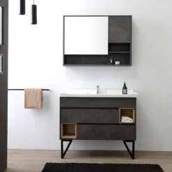 101 cm breiter Unterschrank mit Waschbecken und Spiegel im industriellen Stil | Vienna