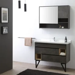 101 cm breiter Unterschrank mit Waschbecken und Spiegel im industriellen Stil | Vienna