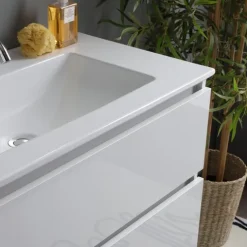 80 x 46 cm glänzend weißer Unterschrank mit Waschtisch und Spiegel mit Lampe | Benaco