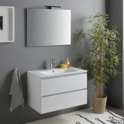 80 x 46 cm glänzend weißer Unterschrank mit Waschtisch und Spiegel mit Lampe | Benaco