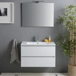 80 x 46 cm glänzend weißer Unterschrank mit Waschtisch und Spiegel mit Lampe | Benaco