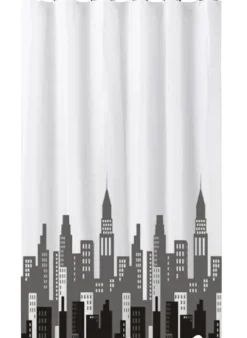 ADOB Textil Duschvorhang Motiv City, 180 x 200 cm, waschbar, mit Gewichtsband und 12 Duschvorhangringen
