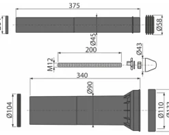 Alca Anschlussstutzen-Set für Zu- und Ablauf für Wand-WC Ø90/Ø45 x 300 mm verlängerte Ausführung M9000