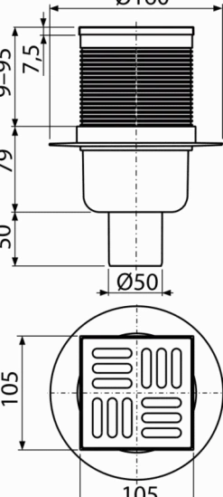 AlcaDrain Bodenablauf 105×105/50 mm mit einem senkrechten Abgang, Edelstahl Rost, Kombi-Geruchsverschluss SMART