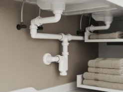Aqua Bagno Raumsparsiphon für Doppel Waschtisch - Möbelsiphon - Siphon platzsparend - flexibel einstellbar - G 1 1/4 Zoll - DN32 - Doppelwaschbecken