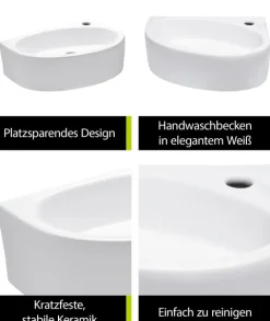 aquaSu® Handwaschbecken Liam 42 cm | Eck-Waschtisch mit Hahnloch | Kleines Hänge-Waschbecken rund | Wand- oder Aufsatzmontage | 42 x 29 cm | Sanitärkeramik in weiß | 562188