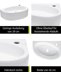aquaSu® Handwaschbecken Liam 42 cm | Eck-Waschtisch mit Hahnloch | Kleines Hänge-Waschbecken rund | Wand- oder Aufsatzmontage | 42 x 29 cm | Sanitärkeramik in weiß | 562188