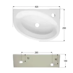 aquaSu® Handwaschbecken Liam 42 cm | Eck-Waschtisch mit Hahnloch | Kleines Hänge-Waschbecken rund | Wand- oder Aufsatzmontage | 42 x 29 cm | Sanitärkeramik in weiß | 562188