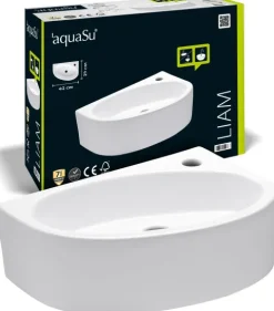 aquaSu® Handwaschbecken Liam 42 cm | Eck-Waschtisch mit Hahnloch | Kleines Hänge-Waschbecken rund | Wand- oder Aufsatzmontage | 42 x 29 cm | Sanitärkeramik in weiß | 562188