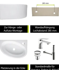 aquaSu® Handwaschbecken Liam 42 cm | Eck-Waschtisch mit Hahnloch | Kleines Hänge-Waschbecken rund | Wand- oder Aufsatzmontage | 42 x 29 cm | Sanitärkeramik in weiß | 562188