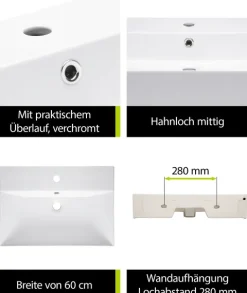 aquaSu® Moderner Waschtisch Malea 60 cm | Design-Waschbecken mit Überlauf und Hahnloch | Hänge-Waschbecken modern | Waschtisch wandhängend | 60 x 42 cm | Sanitärkeramik in weiß | 562300