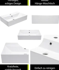 aquaSu® Moderner Waschtisch Malea 60 cm | Design-Waschbecken mit Überlauf und Hahnloch | Hänge-Waschbecken modern | Waschtisch wandhängend | 60 x 42 cm | Sanitärkeramik in weiß | 562300