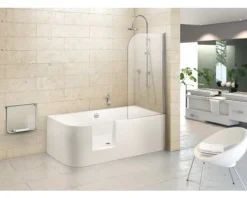 Badewannen Set OTTOFOND Free-Gate 80 x 180 cm linke Ecke abgerundet weiß glänzend mit Ab- und Überlaufgarnitur mit Wassereinlauf 703916