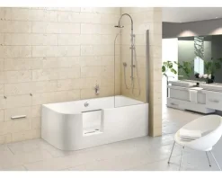 Badewannen Set OTTOFOND Free-Gate 80 x 180 cm linke Ecke abgerundet weiß glänzend mit Ab- und Überlaufgarnitur mit Wassereinlauf 703916