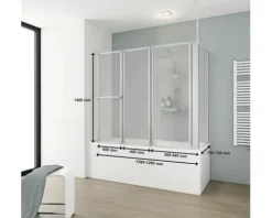 Badewannenaufsatz 3-teilig mit Seitenwand SCHULTE Komfort 128,8 x 140 cm Kunstglas Tropfen Profilfarbe aluminium D1511 01 01 140