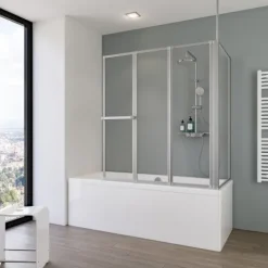 Badewannenfaltwand SCHULTE Komfort 3-teilig, mit Seitenwand, 129 x 140 cm, 3 mm ESG-Klarglas, Profil Aluminium, links/rechts montierbar