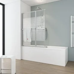 Badewannenfaltwand SCHULTE Komfort 2-teilig, schwenkbar, mit Handtuchhalter, ohne Bohren, 110 x 140 cm, 3 mm ESG Querstreifen, Profil Aluminium, links/rechts montierbar
