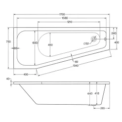 Badewanne Schulte Riva links 170x75 cm mit Fußgestell und Ab- und Überlaufgarnitur