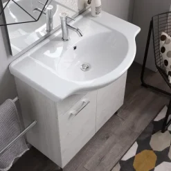 Badezimmermöbel auf dem Boden 75cm 2 Türen weiße Eiche und Spiegel mit Lampe | Rimini