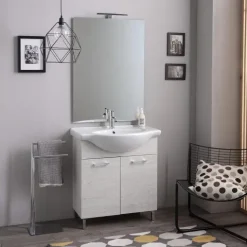 Badezimmermöbel auf dem Boden 75cm 2 Türen weiße Eiche und Spiegel mit Lampe | Rimini