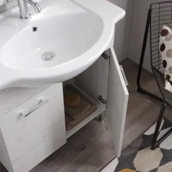 Badezimmermöbel auf dem Boden 75cm 2 Türen weiße Eiche und Spiegel mit Lampe | Rimini