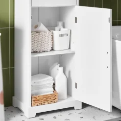 Badezimmerschrank mit verstellbaren Einlegeböden und offenen Regalen in Weiß BZR207-W