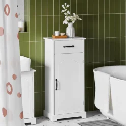 Badezimmerschrank mit verstellbaren Einlegeböden und offenen Regalen in Weiß BZR207-W
