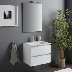 Badmöbelset 60 cm – Unterschrank mit Auszügen, Waschbecken, Spiegel mit Lampe | Benaco