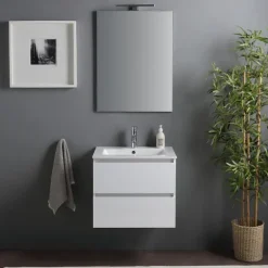 Badmöbelset 60 cm – Unterschrank mit Auszügen, Waschbecken, Spiegel mit Lampe | Benaco