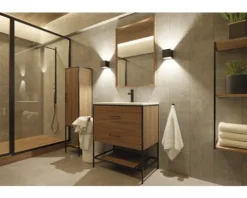 Badmöbel-Set Differnz Industrial BxHxT 81 x 85 x 90 cm Frontfarbe walnuss Badmöbelset 3-teilig mit Waschtisch Mineralguss weiß und Waschtischunterschrank Waschtisch Spiegel