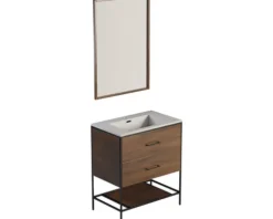 Badmöbel-Set Differnz Industrial BxHxT 81 x 85 x 90 cm Frontfarbe walnuss Badmöbelset 3-teilig mit Waschtisch Mineralguss weiß und Waschtischunterschrank Waschtisch Spiegel