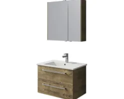 Badmöbel-Set Pelipal Cavallino BxHxT 75 x 200 x 45 cm Frontfarbe eiche ribbeck mit Keramik-Waschtisch weiß, Waschtischunterschrank mit Griff und Spiegelschrank mit LED-Beleuchtung