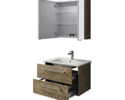 Badmöbel-Set Pelipal Cavallino BxHxT 75 x 200 x 45 cm Frontfarbe eiche ribbeck mit Keramik-Waschtisch weiß, Waschtischunterschrank mit Griff und Spiegelschrank mit LED-Beleuchtung