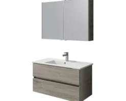 Badmöbel-Set Pelipal Cavallino BxHxT 100 x 200 x 46 cm Frontfarbe eiche sanremo mit Keramik-Waschtisch weiß, Waschtischunterschrank und Spiegelschrank mit LED-Beleuchtung