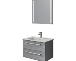 Badmöbel-Set Pelipal Cavallino BxHxT 75 x 200 x 45 cm Frontfarbe graphit struktur quer mit Keramik-Waschtisch weiß, Waschtischunterschrank mit Griff und Spiegel