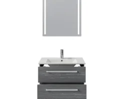 Badmöbel-Set Pelipal Cavallino BxHxT 75 x 200 x 45 cm Frontfarbe graphit struktur quer mit Keramik-Waschtisch weiß, Waschtischunterschrank mit Griff und Spiegel