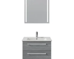 Badmöbel-Set Pelipal Cavallino BxHxT 75 x 200 x 45 cm Frontfarbe graphit struktur quer mit Keramik-Waschtisch weiß, Waschtischunterschrank mit Griff und Spiegel