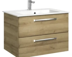 Badmöbel-Set Pelipal Kumba BxHxT 107 x 200 x 50 cm Frontfarbe eiche riviera 5-teilig und mehr mit Mineralguss-Waschtisch weiß, Unterschrank und Wandschrank 99.770126474