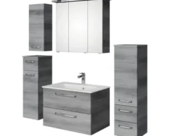 Badmöbel-Set Pelipal Kumba BxHxT 137 x 200 x 50 cm Frontfarbe graphit struktur quer 5-teilig und mehr mit Mineralguss-Waschtisch, Midischrank, Unterschrank und Wandschrank 99.770125193