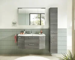 Badmöbel-Set Pelipal Quickset 328 BxHxT 145 x 200 x 39 cm Frontfarbe graphit struktur quer mit Mineralguss-Waschtisch und Hochschrank 328.120002