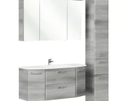 Badmöbel-Set Pelipal Quickset 328 BxHxT 145 x 200 x 39 cm Frontfarbe graphit struktur quer mit Mineralguss-Waschtisch und Hochschrank 328.120002