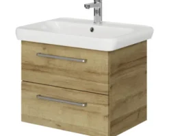 Badmöbel-Set Pelipal Sunline 105 BxHxT 69 x 200 x 48,5 cm Frontfarbe Eiche riviera mit Keramik-Waschtisch Waschtischunterschrank und Spiegelschrank mit LED-Beleuchtung