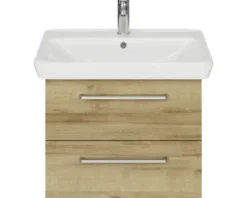 Badmöbel-Set Pelipal Sunline 105 BxHxT 69 x 200 x 48,5 cm Frontfarbe Eiche riviera mit Keramik-Waschtisch Waschtischunterschrank und Spiegelschrank mit LED-Beleuchtung