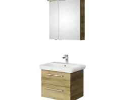 Badmöbel-Set Pelipal Sunline 105 BxHxT 69 x 200 x 48,5 cm Frontfarbe Eiche riviera mit Keramik-Waschtisch Waschtischunterschrank und Spiegelschrank mit LED-Beleuchtung