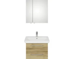 Badmöbel-Set Pelipal Sunline 105 BxHxT 69 x 200 x 48,5 cm Frontfarbe Eiche riviera mit Keramik-Waschtisch Waschtischunterschrank und Spiegelschrank mit LED-Beleuchtung