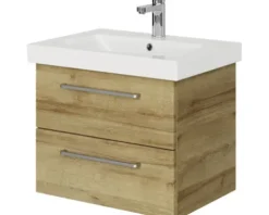 Badmöbel-Set Pelipal Sunline 105 BxHxT 66 x 200 x 46,5 cm Frontfarbe Eiche riviera mit Keramik-Waschtisch Waschtischunterschrank und Spiegelschrank mit LED-Beleuchtung