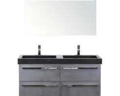 Badmöbel-Set Sanox Seville BxHxT 121 x 170 x 45,5 cm Frontfarbe beton anthrazit mit Waschtisch Naturstein schwarz und Waschtischunterschrank Spiegel mit LED-Beleuchtung Doppelwaschtisch